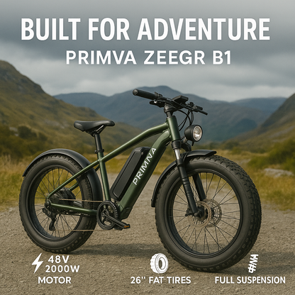 Primva 2000W Full Suspension E-Bike – Dual Battery Power, 26” Fat Tires