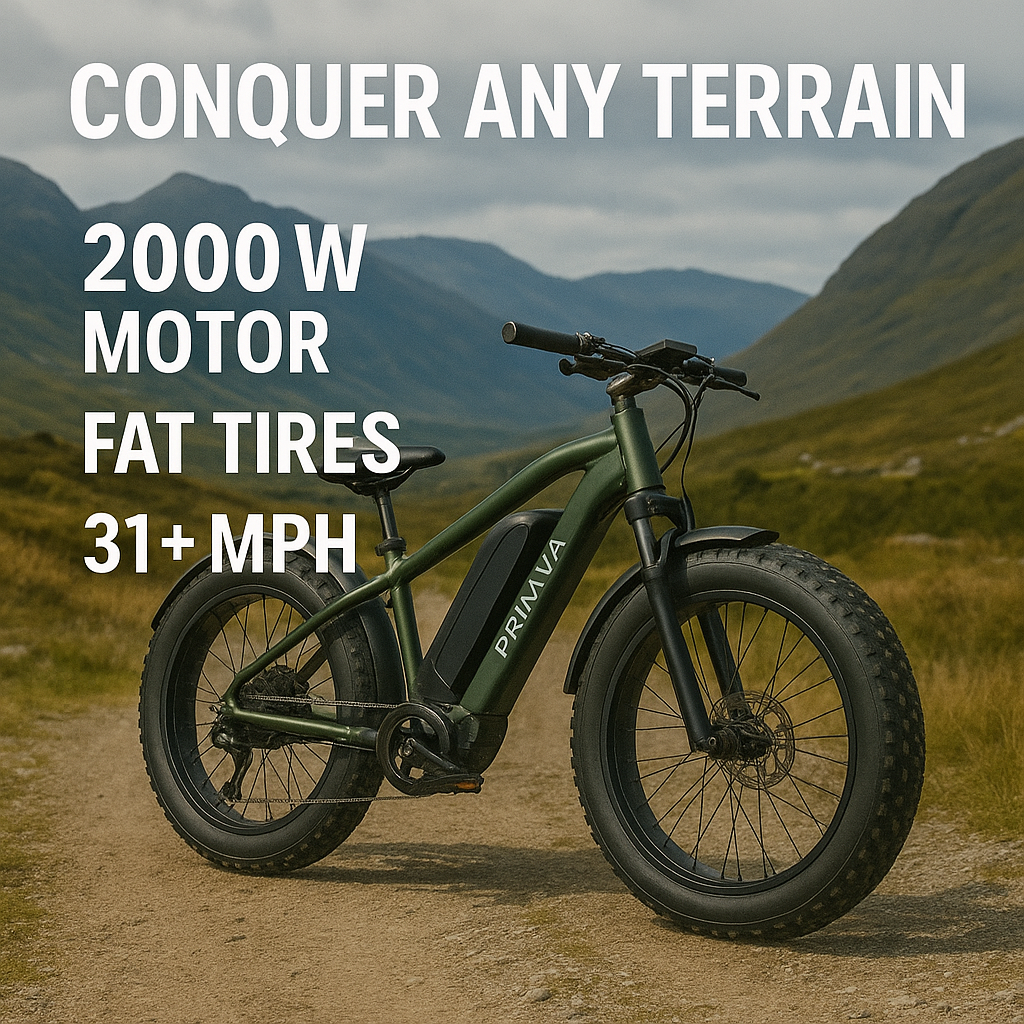 Primva 2000W Full Suspension E-Bike – Dual Battery Power, 26” Fat Tires