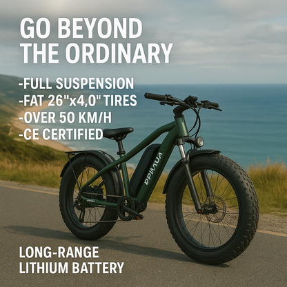 Primva 2000W Full Suspension E-Bike – Dual Battery Power, 26” Fat Tires
