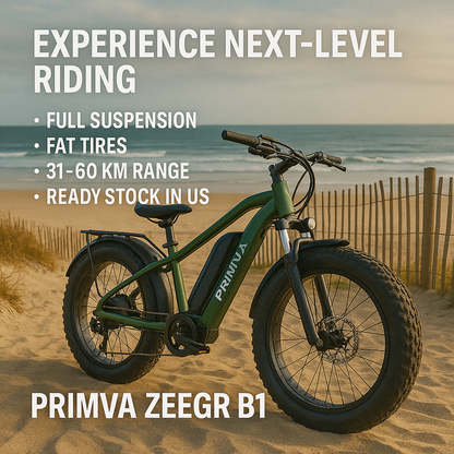 Primva 2000W Full Suspension E-Bike – Dual Battery Power, 26” Fat Tires