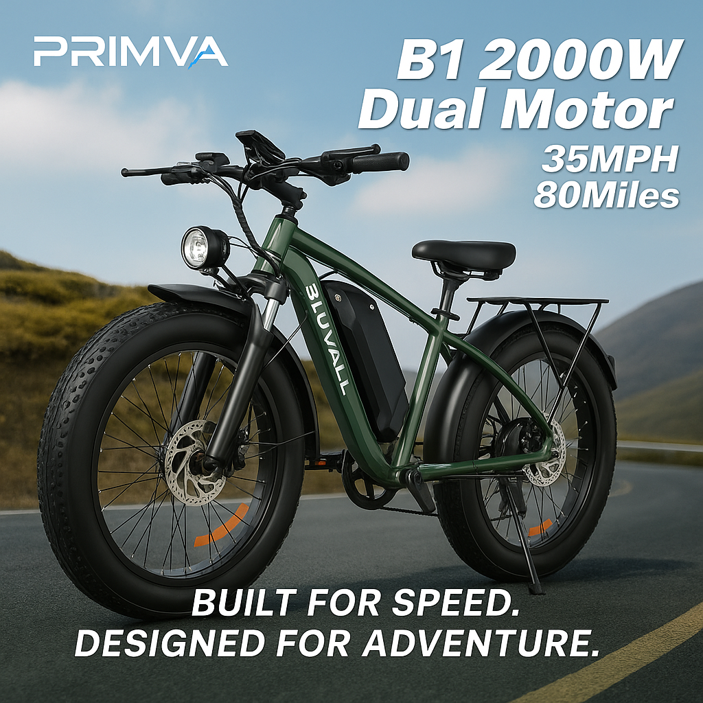 Primva 2000W Full Suspension E-Bike – Dual Battery Power, 26” Fat Tires