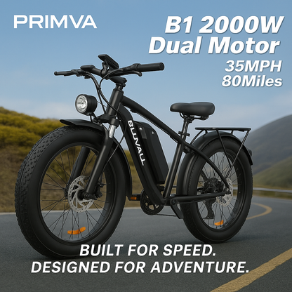 Primva 2000W Full Suspension E-Bike – Dual Battery Power, 26” Fat Tires